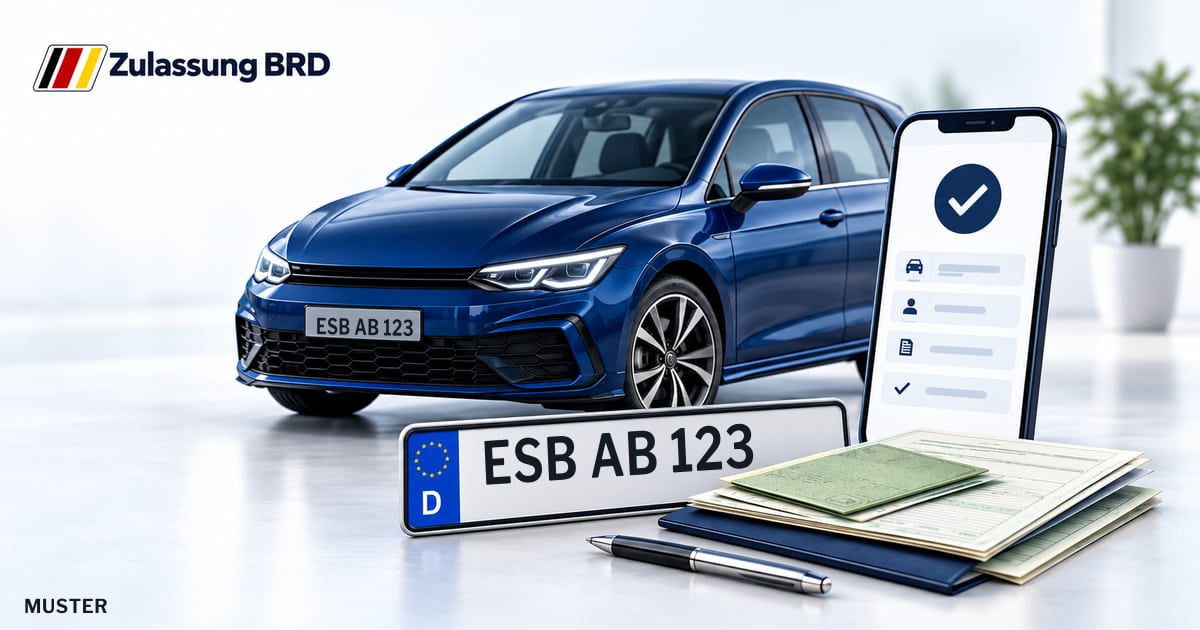 Online Fahrzeugzulassung in Landkreis Neustadt a.d.Waldnaab: Musterkennzeichen ESB AB 123, Auto und Fahrzeugpapiere und Smartphone. Illustration mit Logo von Zulassung BRD.